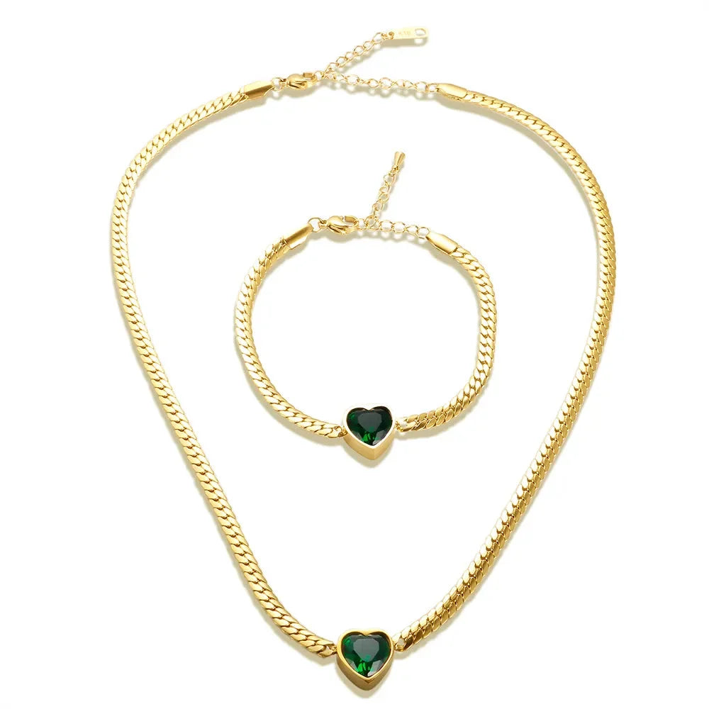 Colar Com Pulseira Dourado E Pingente De Coração Verde