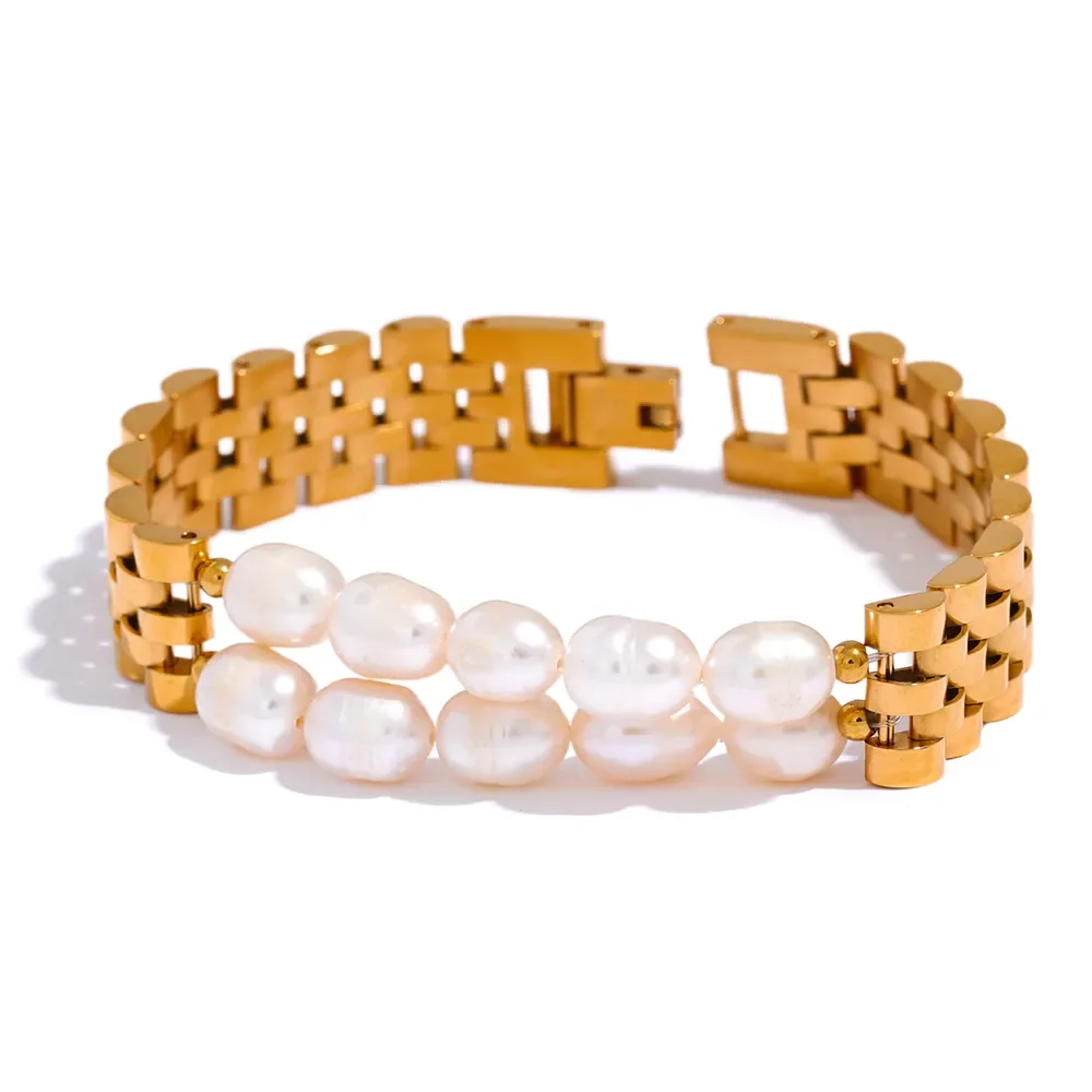 Pulseira Malha De Aço Com Pérolas Dourado Pulseira 53